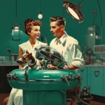 A retro-futurist painting of two happy pet-groomers hard at work giving a lovely spa treatment to a small dog. Their business is busy thanks to SEO services for pet grooming businesses.